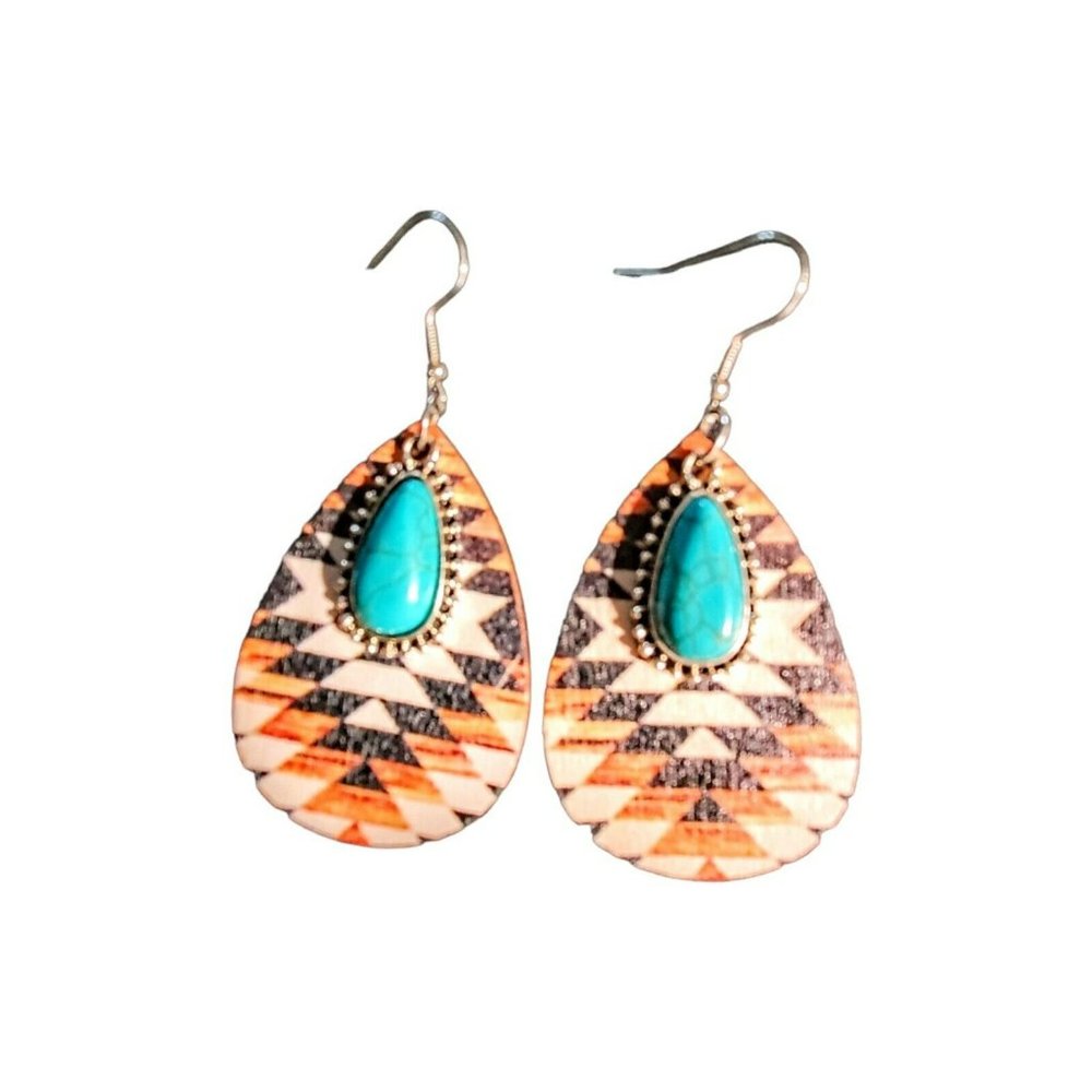 Women's Native American Earrings Painted Design on Wood Silver Tone Faux Turq Te - Picture 1 of 4